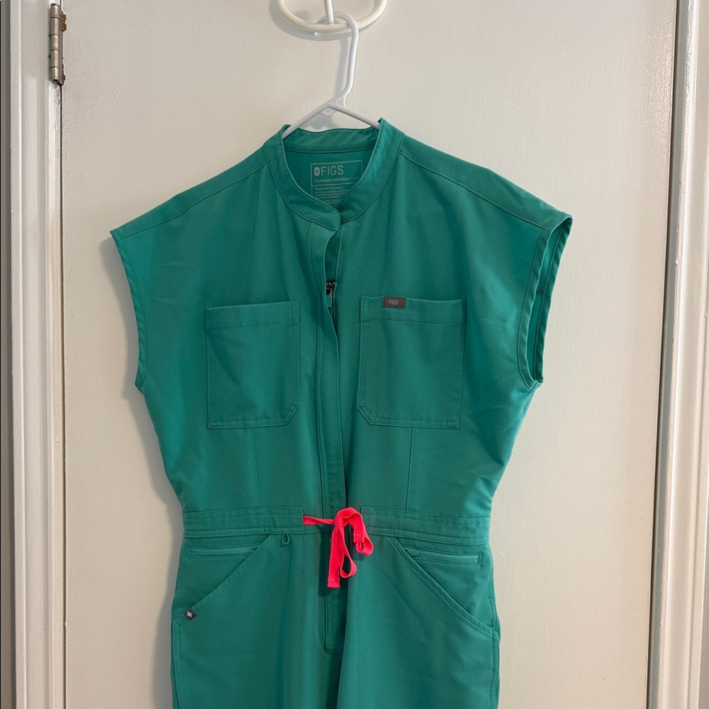 Figs surgical green Jumpsuit with Neon Pink Accent